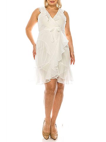 Maison Tara Sleeveless Ruffle Wrap Style A-Line Dress in Ivory (view 2)