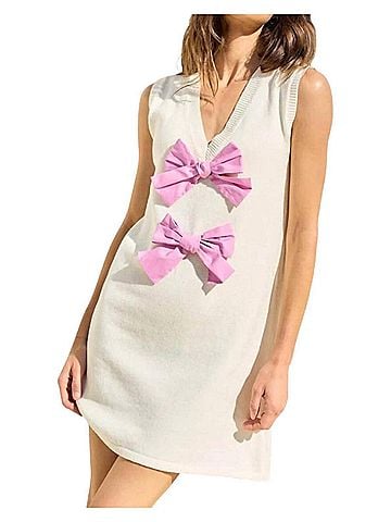 Lalavon Carolina Front Bow Mini Dress in Ivory (view 2)