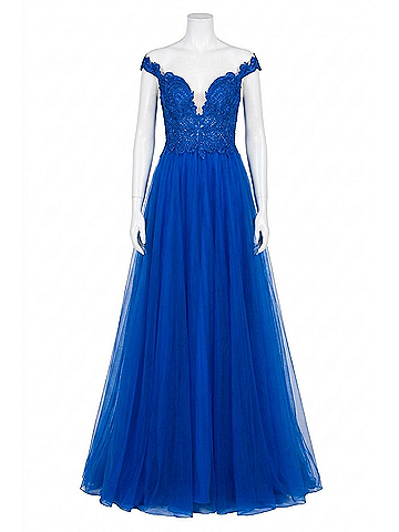 Terani Couture Off-The-Shoulder Lace Prom Dress in Royal/Nude (view 1)