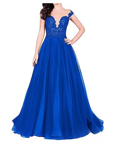 Terani Couture Off-The-Shoulder Lace Prom Dress in Royal/Nude (view 2)