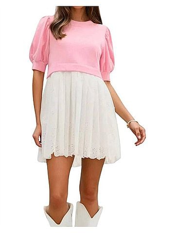 Entro Brenda Two-Tone Pleated Eyelet Mini Dress in Pink (view 2)