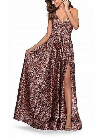 La Femme Spaghetti Strap Gown in Leopard Print (view 2)