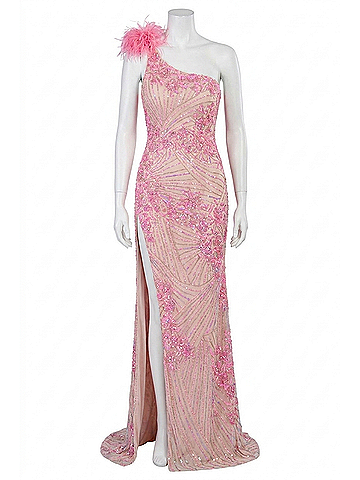Rachel Allan One Shoulder Feathered Prom Dress in Pink Nude (view 1)