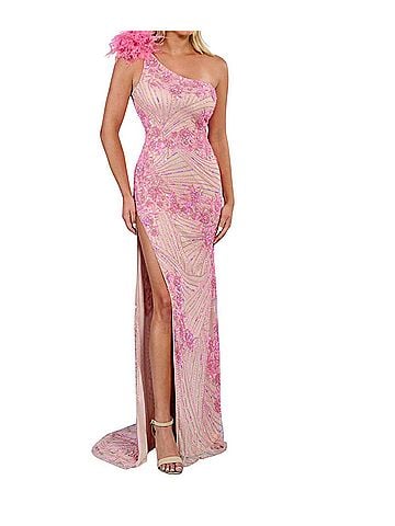 Rachel Allan One Shoulder Feathered Prom Dress in Pink Nude (view 2)