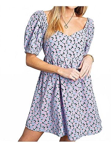 Kori America Daisy Soft Printed Puff Sleeve Babydoll Back Tied Dress in Blue Mix (view 2)