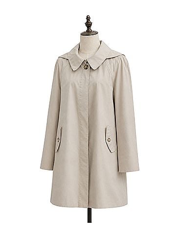 London Fog hooded, beige, tan, A-line, lightweight, lined, weather resistant, minimalist, classic Raincoat (view 1)