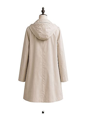 London Fog hooded, beige, tan, A-line, lightweight, lined, weather resistant, minimalist, classic Raincoat (view 2)