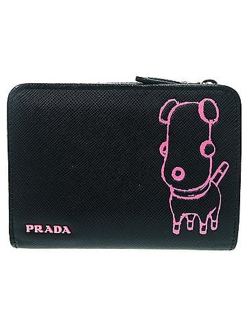Prada Excellent condition Prada round zipper wallet, Maria dog illustration, 1ML018 107F, bi-fold leather, Saffiano black, 1510 PRADA, women's. (view 1)