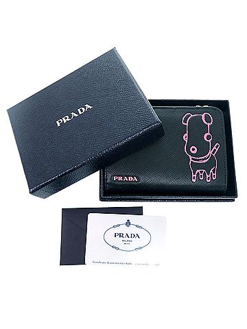 Prada Excellent condition Prada round zipper wallet, Maria dog illustration, 1ML018 107F, bi-fold leather, Saffiano black, 1510 PRADA, women's. (view 2)