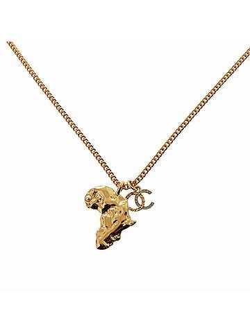 Chanel Chanel Coco Mark African Continent Motif Metal Faux Pearl Rhinestone Gold Necklace 0357CHANEL (view 1)