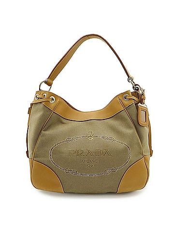 Prada PRADA Jacquard Shoulder Bag, Canvas and Leather, Khaki Beige, Natural, BR3432 (view 2)