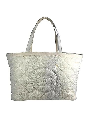 Chanel CHANEL CC Coco Mark Logo Bag, Shoulder Tote Beach Cotton Leather, Men's, Women's, White (view 2)