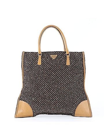 Prada Prada Tweed Triangle Logo Leather Tote Bag Handbag Shoulder Brown Women's (view 1)