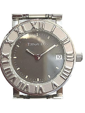 Tiffany & Co. Tiffany & Co. Atlas watch, total weight 53.6g, stainless steel, quartz movement, black dial. (view 1)