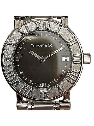 Tiffany & Co. Tiffany & Co. Atlas watch, total weight 53.5g, stainless steel, quartz movement, black dial. (view 1)