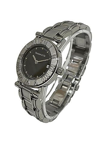Tiffany & Co. Tiffany & Co. Atlas watch, total weight 53.5g, stainless steel, quartz movement, black dial. (view 2)