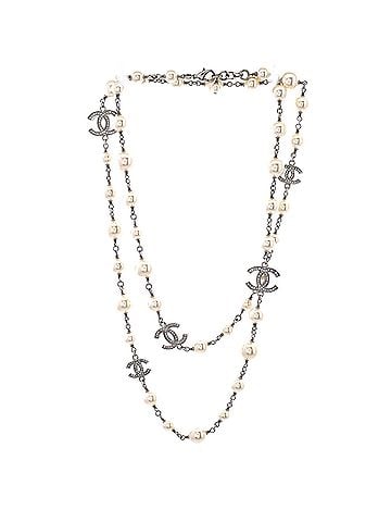 Chanel CC Station Long Necklace Metal with Faux Pearls and Crystals (view 2)