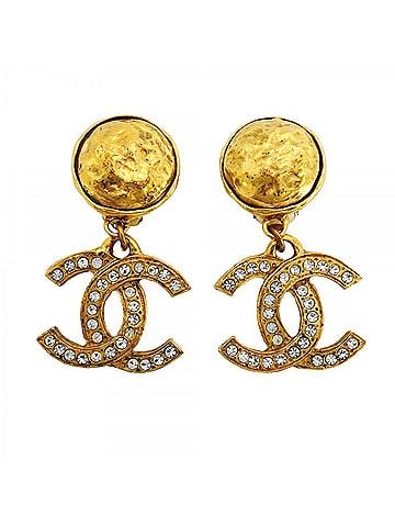 Chanel Chanel Earrings, Coco Mark, GP Plated, Rhinestone, Gold, Women's (view 1)
