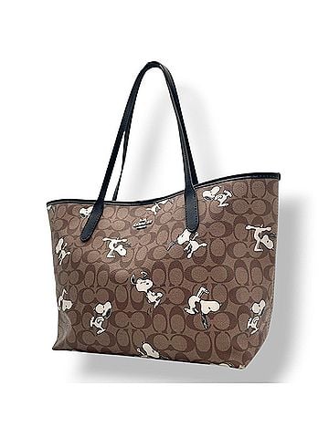 Coach COACH x PEANUTS Collaboration City Tote Bag, Leather, Beige/Brown, Women's, Signature Pattern, 6160 s83 (view 1)