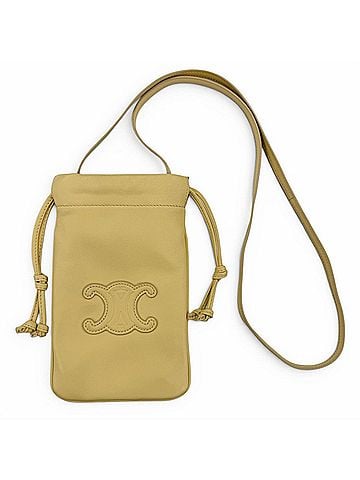 Céline CELINE 10L163ETK Cuile Triomphe Drawstring Leather Mobile Pouch Shoulder Bag, Beige, Made in Italy, Women's (view 1)