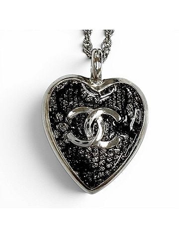 Chanel CHANEL C24K Coco Mark Heart Lace Necklace Pendant, Silver and Black, Made in France, Women's (view 1)