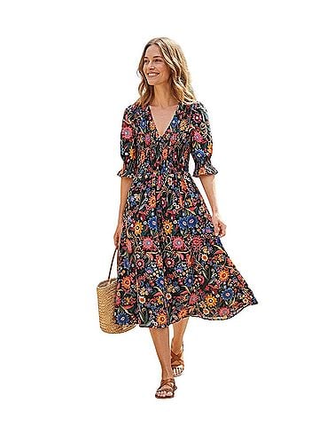 Boden Boden Smocked Floral Midi Dress 100% Cotton Puff Sleeve  Casual Dress (view 1)