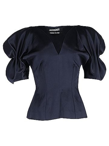 Jacquemus Jacquemus Puffed Sleeve V-neck Blouse in Navy Blue Satin (view 1)