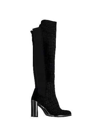Stuart Weitzman  Stuart Weitzman Crocodile-Embossed Knee-High Heeled Boots in Black Velvet (view 1)