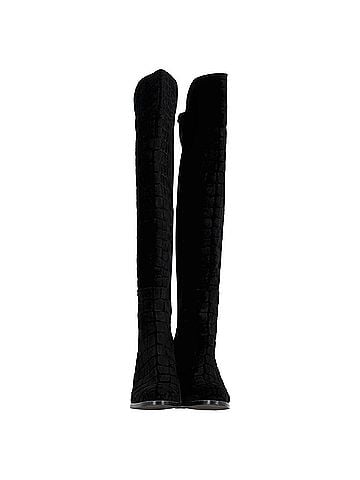 Stuart Weitzman  Stuart Weitzman Crocodile-Embossed Knee-High Heeled Boots in Black Velvet (view 2)