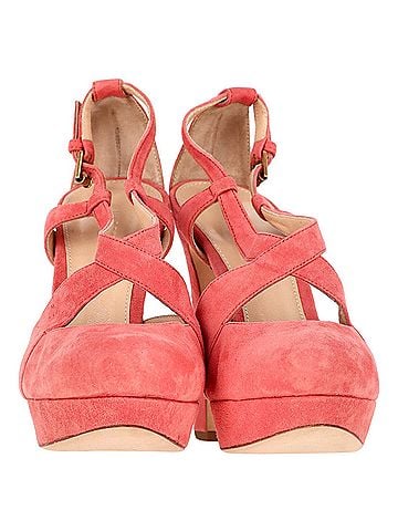 Jil Sander  Jil Sander Cross Strap Chunky Heel Platform Pumps in Coral Suede (view 2)