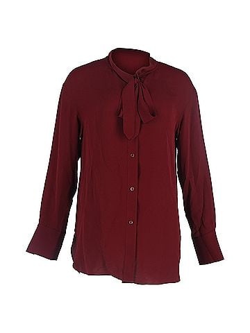 Theory  Theory Ribbon Detail Buttoned Long Sleeve Blouse in Maroon Silk (view 1)