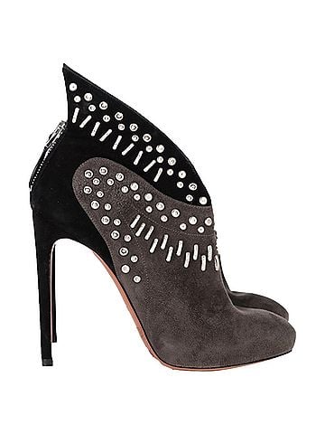 Alaïa  Alaïa Winged Embellished Heeled Ankle Boots in Grey and Black Suede (view 1)