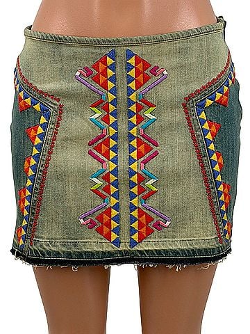 Free People 2012 Embroidered Denim Mini | Western Boho Indie Sleaze Festival Retro Americana Coastal Cowgirl   Denim Skirt (view 1)