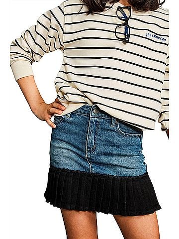 Tractr Girl's Mixed Denim Pleated Hem Mini Skirt (view 2)