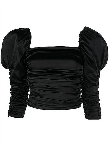 Alice + Olivia Katrice 3/4 Puff Sleeve Square Neck Ruched Top Blouse in Black (view 1)