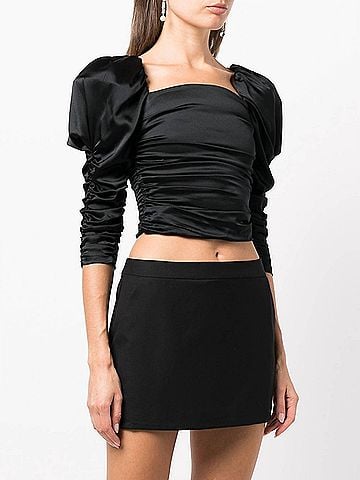 Alice + Olivia Katrice 3/4 Puff Sleeve Square Neck Ruched Top Blouse in Black (view 2)