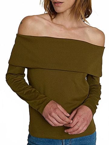 NATION LTD Kate Off Shoulder Long Sleeve Top in Martini Olive (view 2)