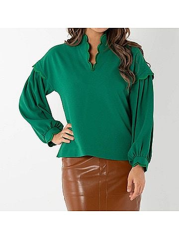 Emily McCarthy Orchid Scalloped Blouson Sleeves Top in Green Jacket (view 2)