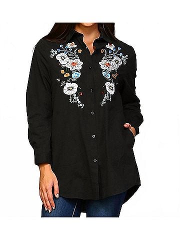 Velzera Floral Embroidered Shirt - Plus in Black (view 2)