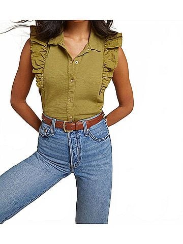 NATION LTD Archer Ruffle Button Top in Lichen (view 2)