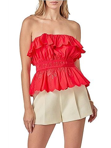 English Factory Embroidered Ruffle Strapless Top in Red (view 2)