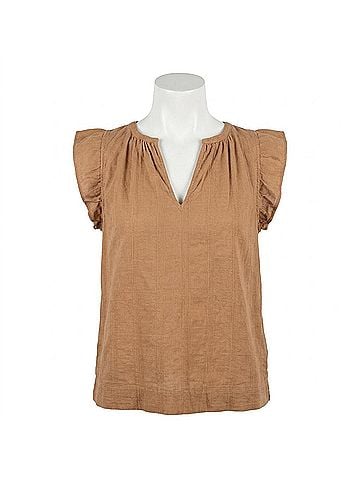 Lilla P Women's Flutter Sleeve Split Neck Top in Beechwood (view 1)