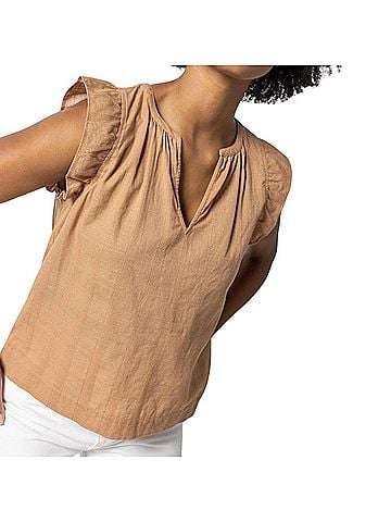 Lilla P Women's Flutter Sleeve Split Neck Top in Beechwood (view 2)