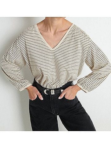 NATION LTD Savanna Shirred Top in Espresso Pinstripe (view 2)