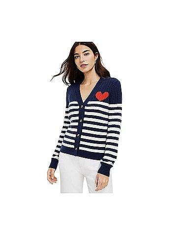 Ann Taylor LOFT LOFT Heart Puff Sleeve Striped V-Neck Navy Cardigan (view 1)