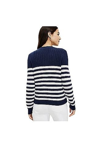 Ann Taylor LOFT LOFT Heart Puff Sleeve Striped V-Neck Navy Cardigan (view 2)
