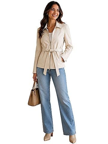 JLC New York long sleeve, business casual, ivory, tie waist, belted, lightweight, minimalist, new with tags Jacket (view 1)