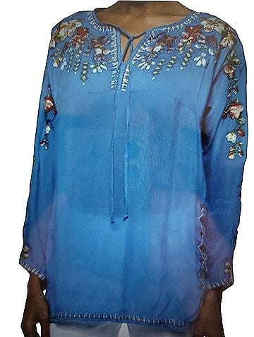 Johnny Was Vanessa tunic in cobalt blue georgette  Long Sleeve Blouse (view 2)