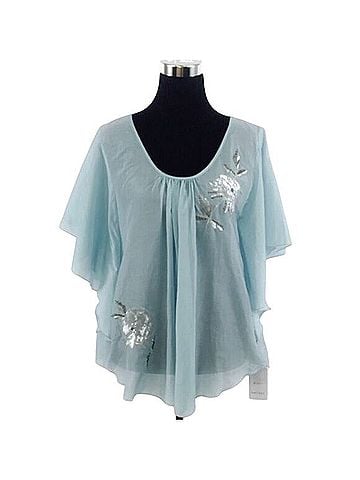 Karen Kane 2012 NWT Aqua Silver Flutter Slv Silk Top | Coastal Grandmother Old Money Y2K Glam Balletcore Boho Short Sleeve Blouse (view 1)