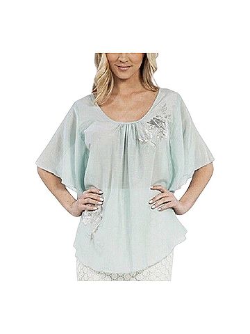 Karen Kane 2012 NWT Aqua Silver Flutter Slv Silk Top | Coastal Grandmother Old Money Y2K Glam Balletcore Boho Short Sleeve Blouse (view 2)